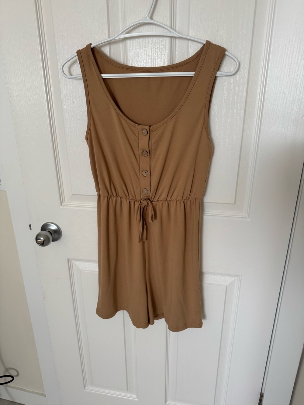 New! Sleeveless Button-Front Romper in Camel, Size small
